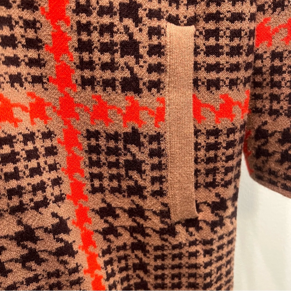 Christian Siriano Houndstooth Red Tan Black Long Knit Sweater Pockets Size Small - Picture 4 of 8